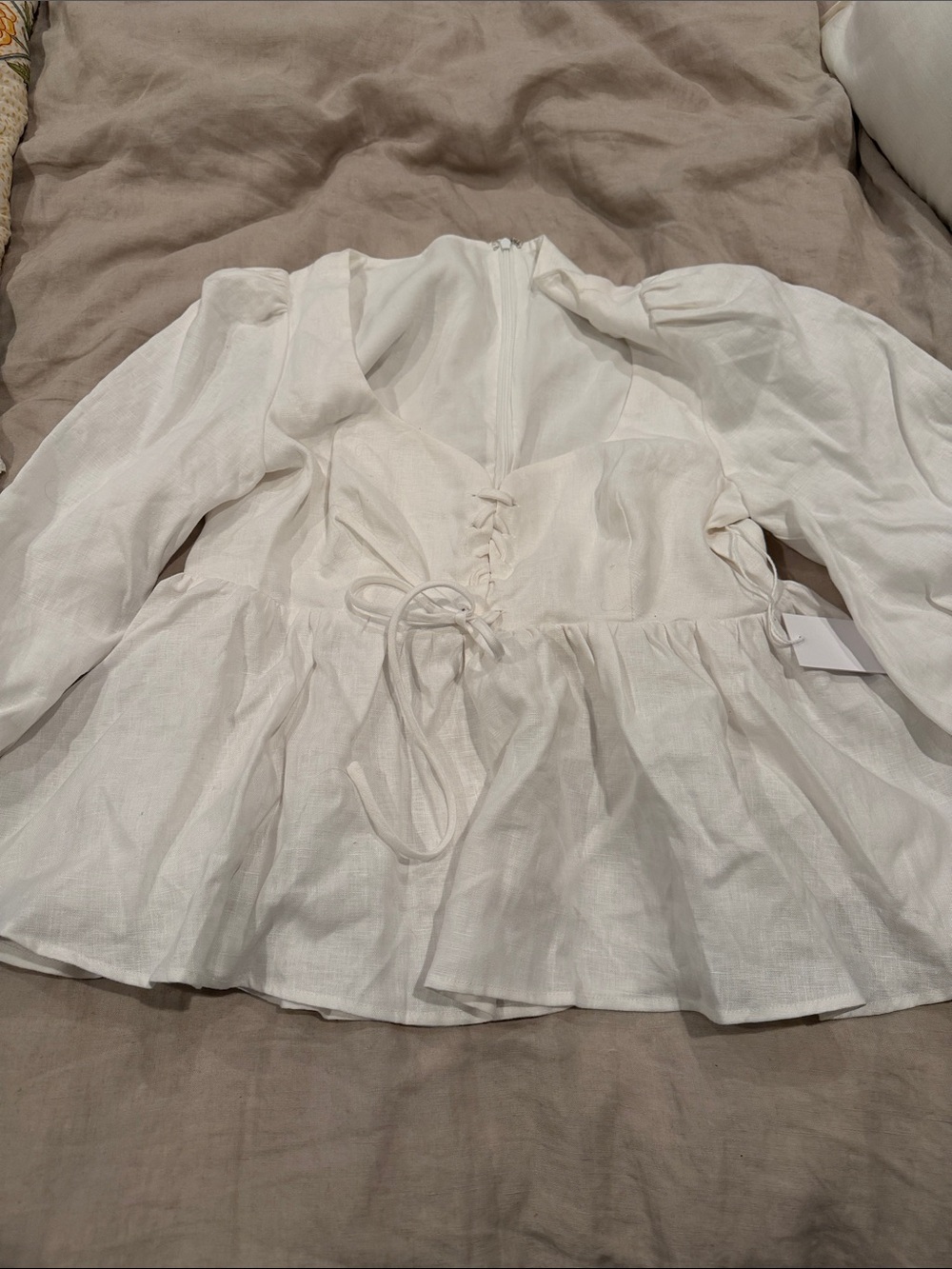 Reformation Linen Cream Peplum Tie-Front Blouse size 10